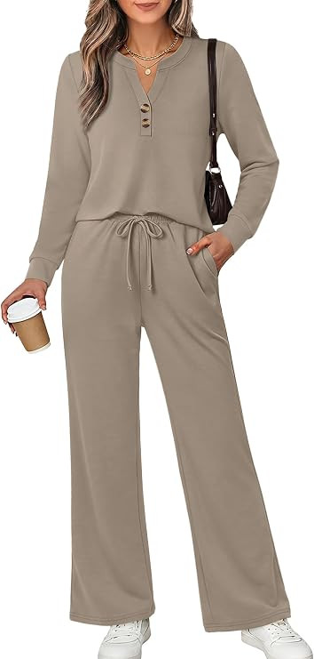 WIHOLL Two Piece Lounge Sets for Women Fall Travel Airport Vacation Outfits | Long Sleeve Wide Le... | Amazon (US)