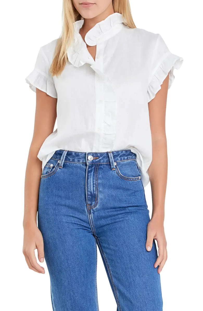 English Factory Ruffle Trim Linen Button-Up Shirt | Nordstrom | Nordstrom