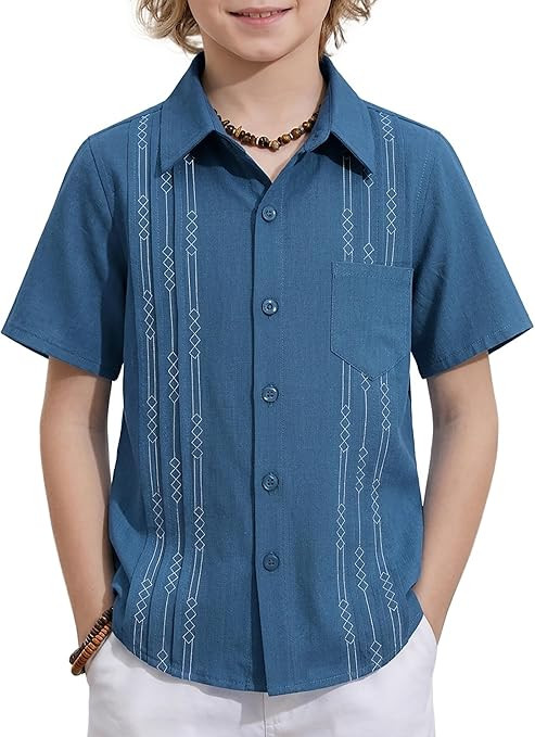 Arshiner Boys Guayabera Shirt Short Sleeve Cotton Linen Button Down Shirt Summer Beach Tops with ... | Amazon (US)