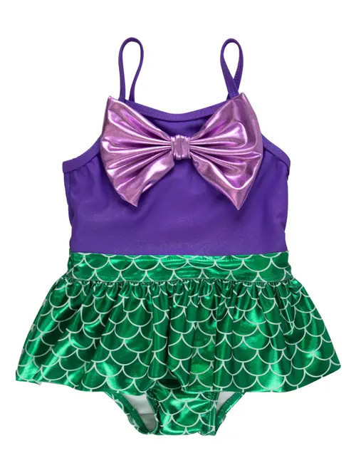 RuffleButts Girls UPF50+ Big Bow Skirted One Piece in Shiny Mermaid Princess at Nordstrom | Nordstrom