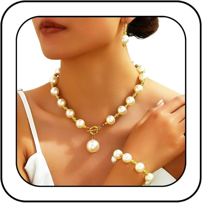 EVILD Pearl Necklaces and Gold Earring Set Chunky Jewelry Sets for Women | Amazon (US)