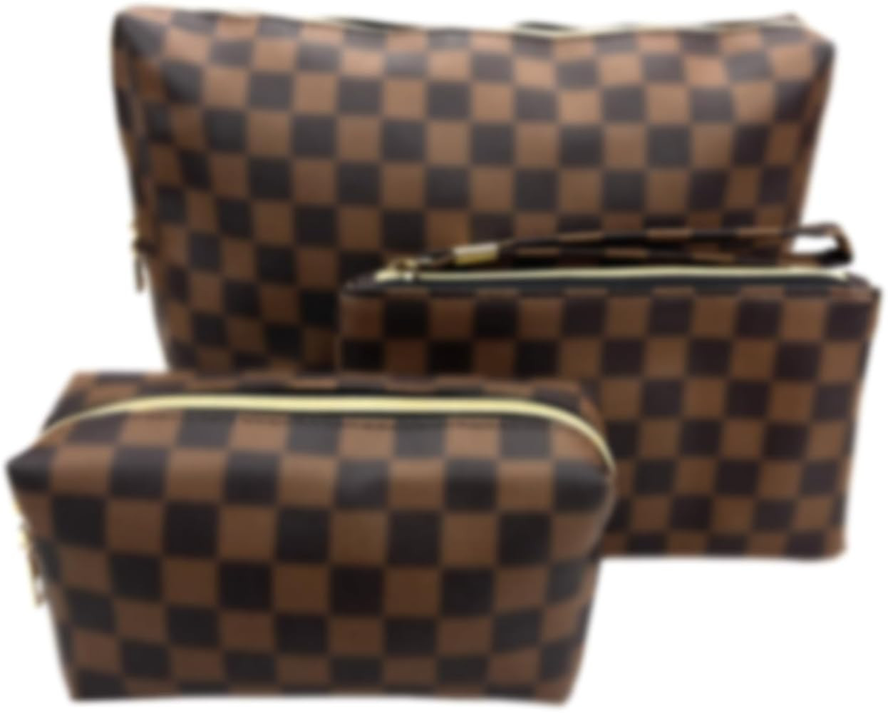 bopomofo Brown Checkered Cosmetic Bag 3 Pack,1 Big Pouch,1 Makeup Brushes Holder, 1 Coin Purse,Po... | Amazon (US)