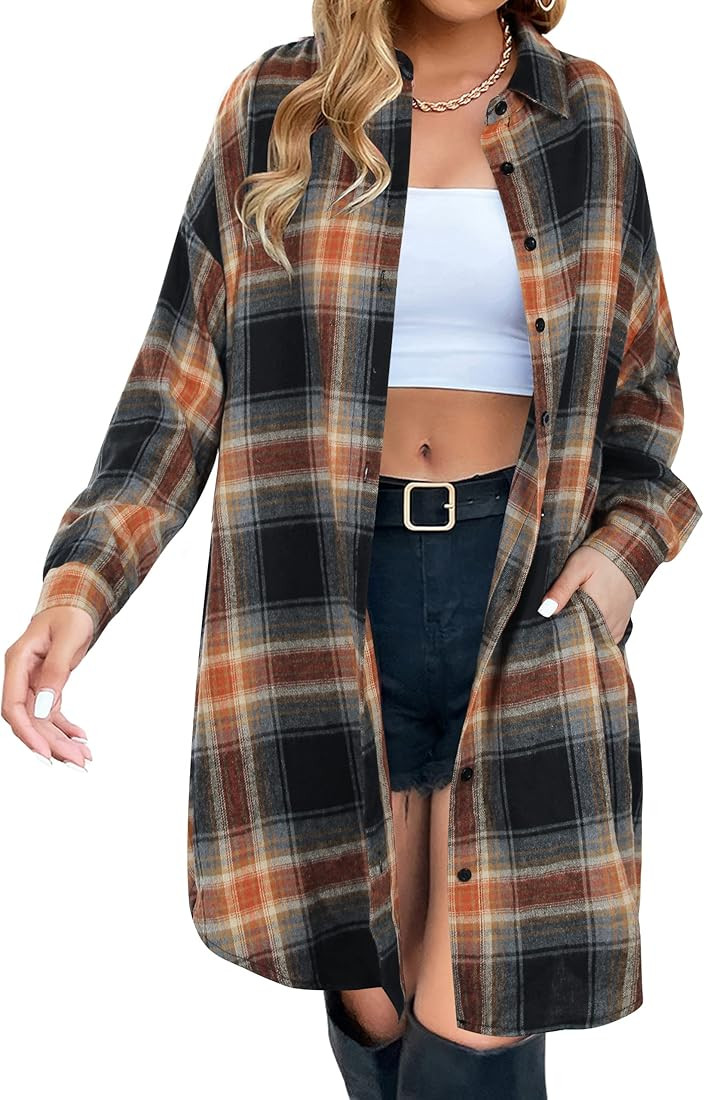 Blooming Jelly Women's Button Down Flannel Shirts Plaid Shacket Long Sleeve Collared Long Jacket ... | Amazon (CA)