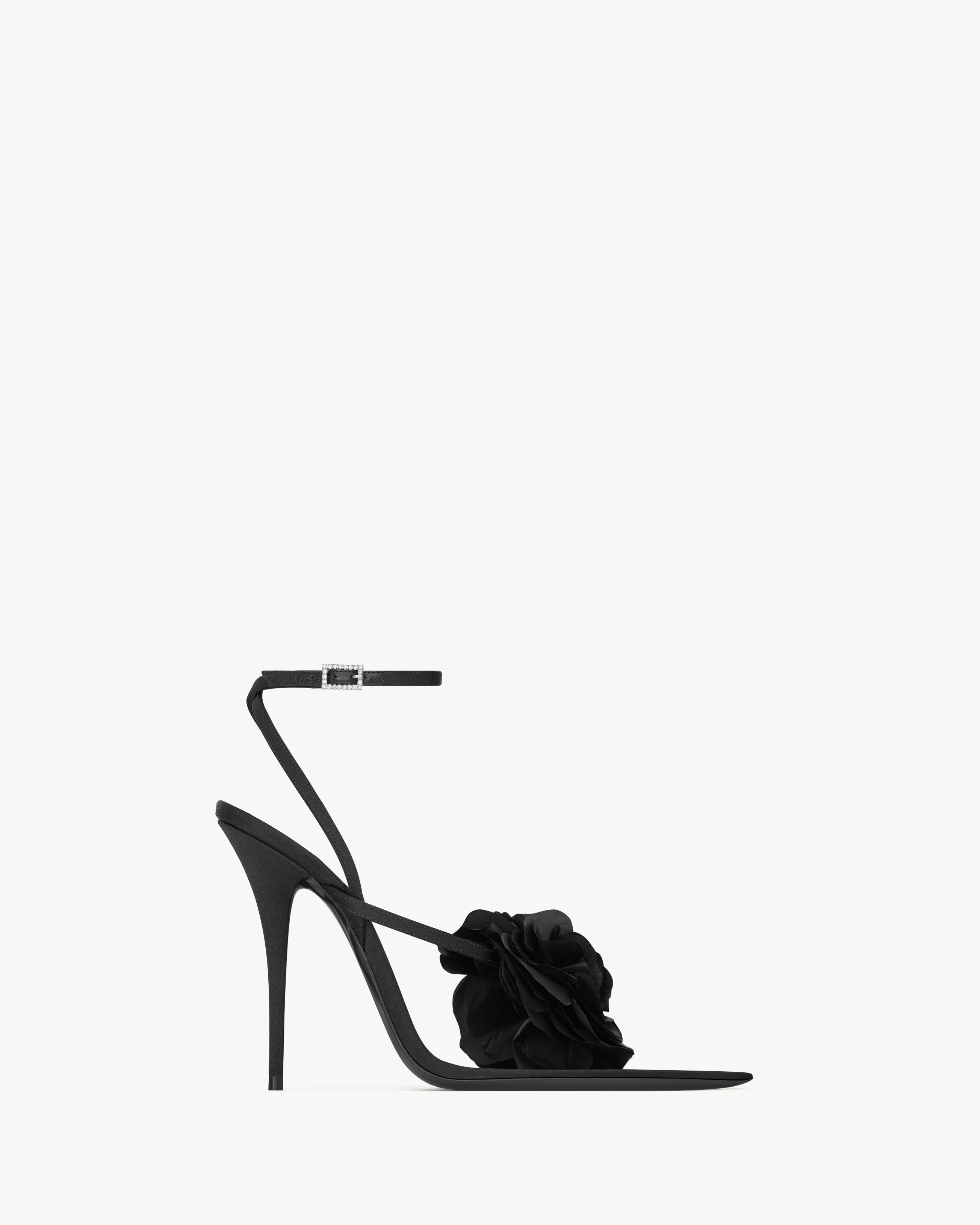 stiletto thong sandals with a pointed toe, featuring a handcrafted nylon flower and rhinestone bu... | Saint Laurent Inc. (Global)