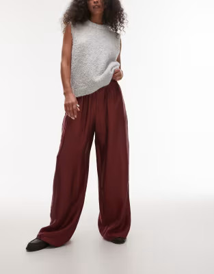 Topshop textured satin straight leg drawstring pants in burgundy | ASOS (Global)
