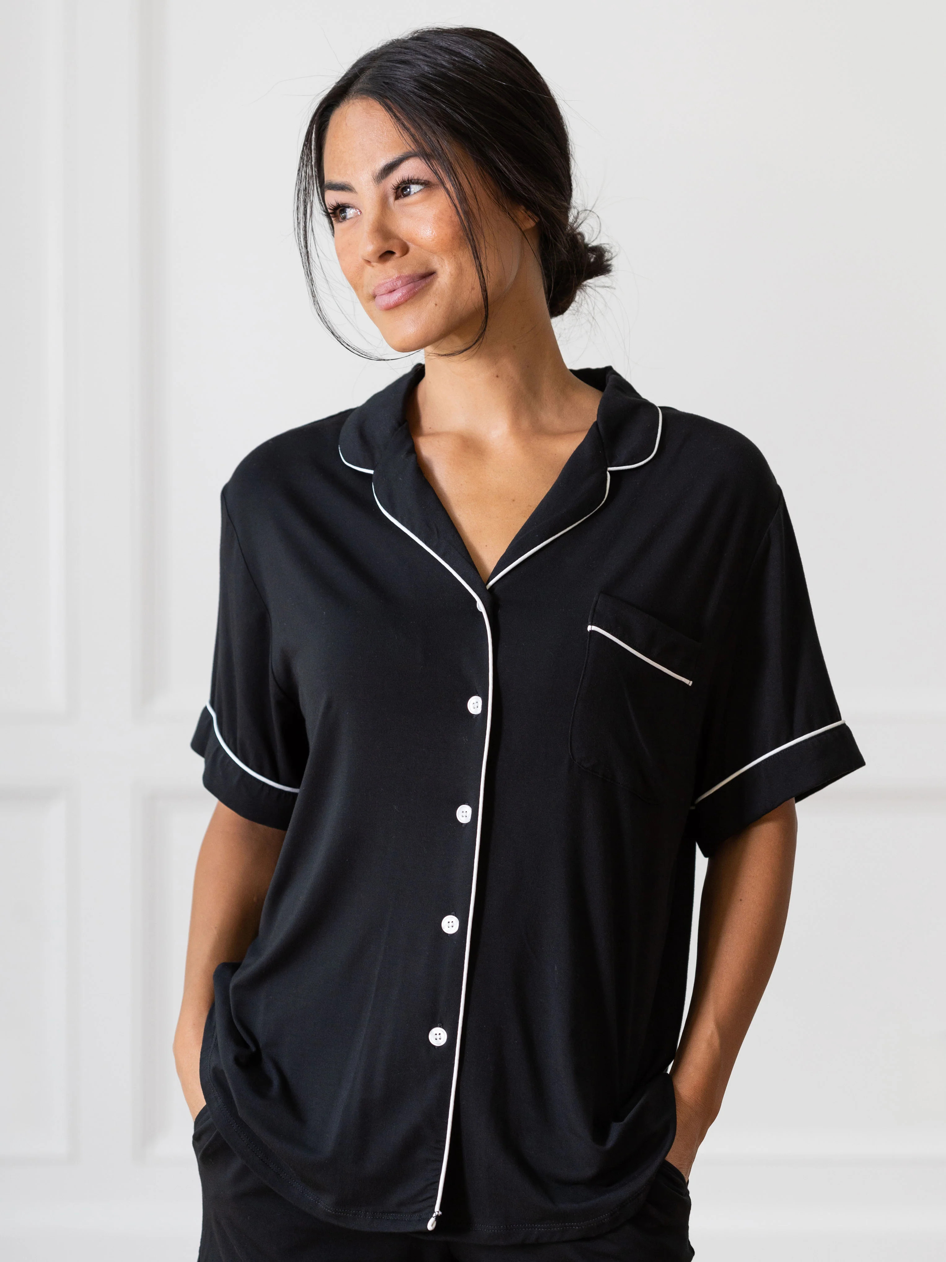 Women's Bamboo Viscose Stretch-Knit Short Sleeve Shirt Pajama Top - Wholesale in Black (Size: 2XL) - Cozy Earth | Cozy Earth