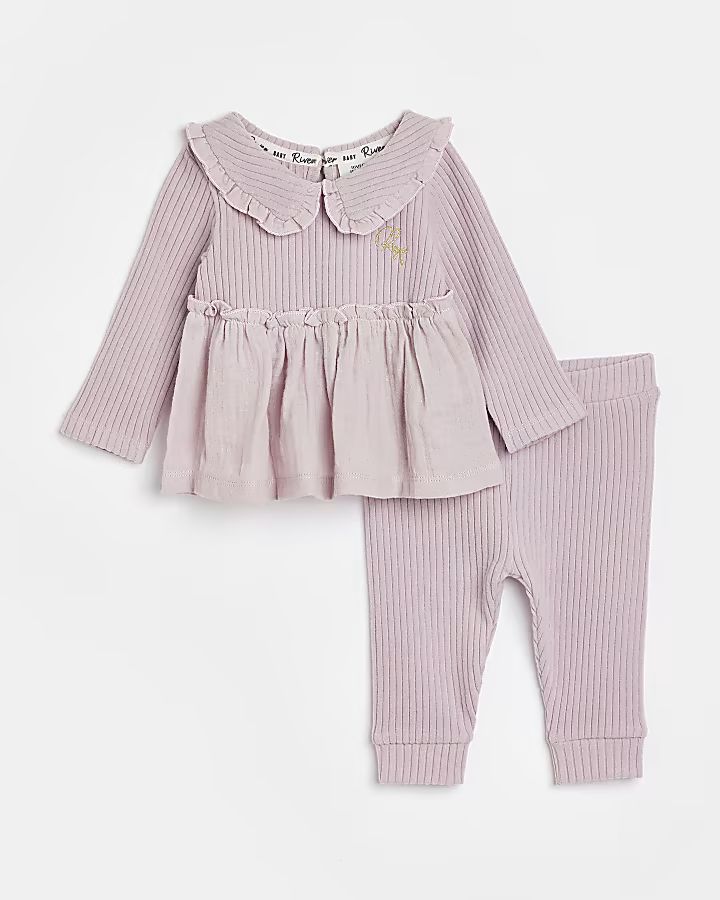 Baby girls purple collar ribbed peplum set | River Island (UK & IE)