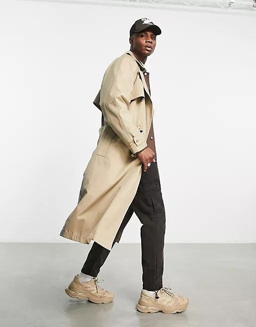 ASOS DESIGN oversized trench in stone with check panels | ASOS (Global)