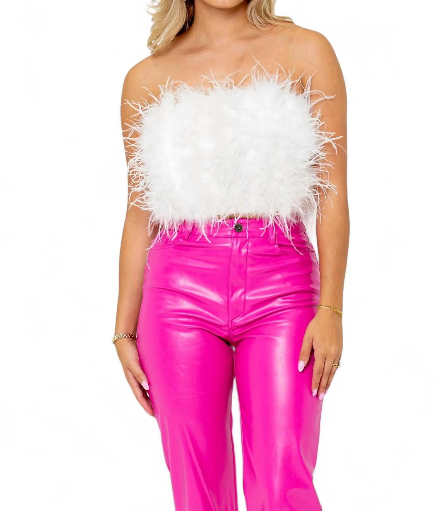 Fancy Strapless Feather Crop Top In White | Shop Simon