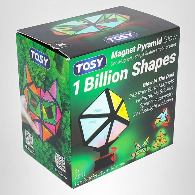 TOSY Magnet Pyramid Glow - 1 Cube Transforms into 1 Billion Shapes, 15 pcs (12 Puzzle pcs & 3 Acc... | Amazon (US)