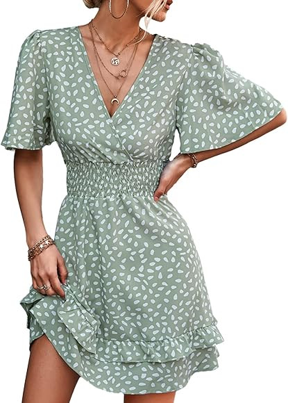 Women's Dress, Elegant Blouse Dress V-Neck Summer Dress High Waist Short Dress Casual Mini Dress Bea | Amazon (UK)