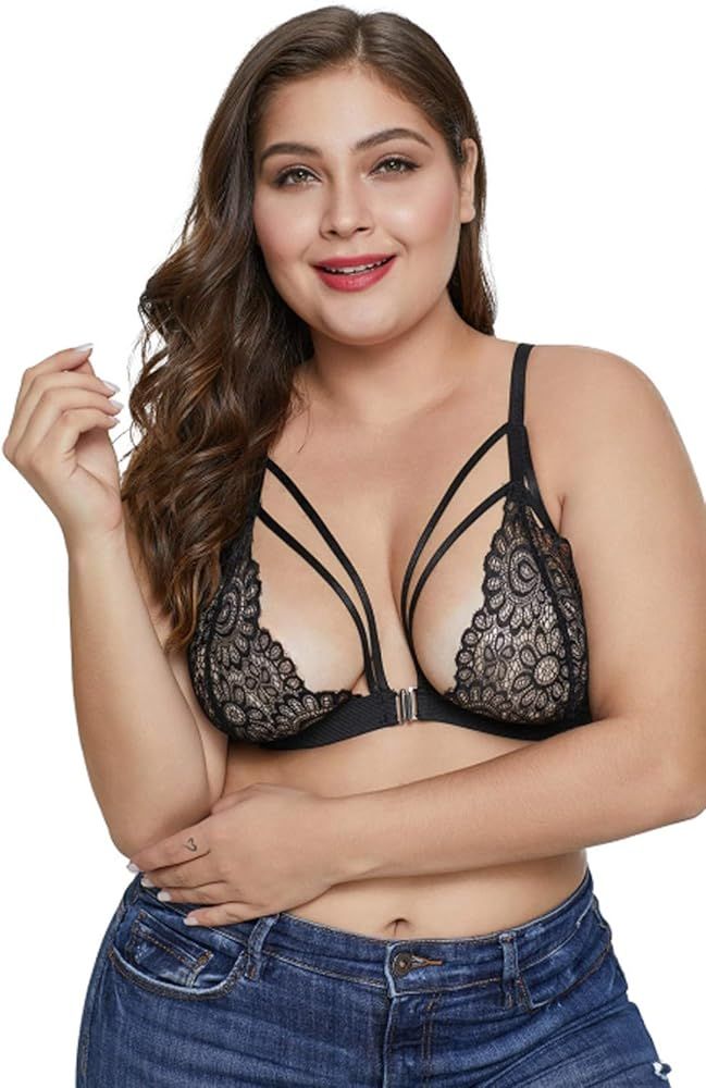 Plus Size Sexy Bralette Lingerie for Women Floral Sheer Lace Strappy Bra Top | Amazon (US)