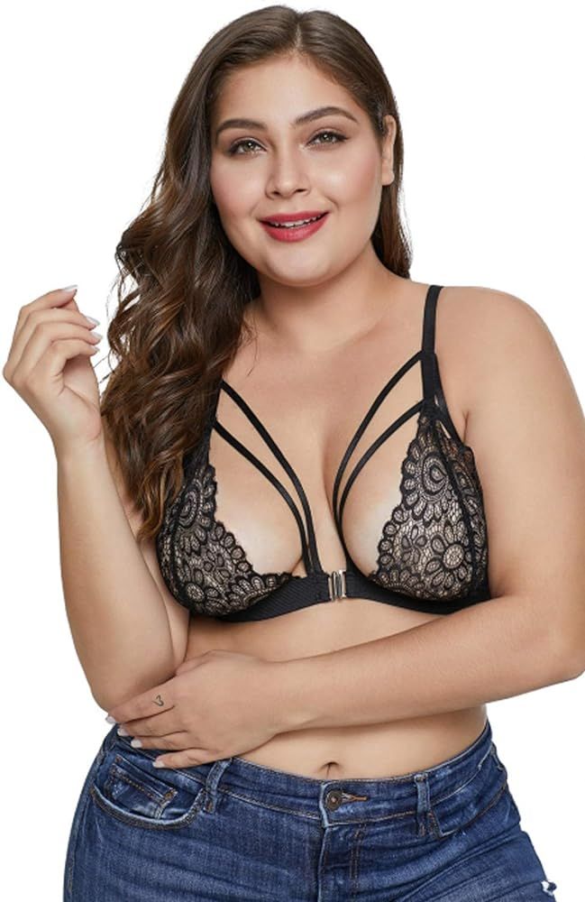 Plus Size Sexy Bralette Lingerie for Women Floral Sheer Lace Strappy Bra Top | Amazon (US)
