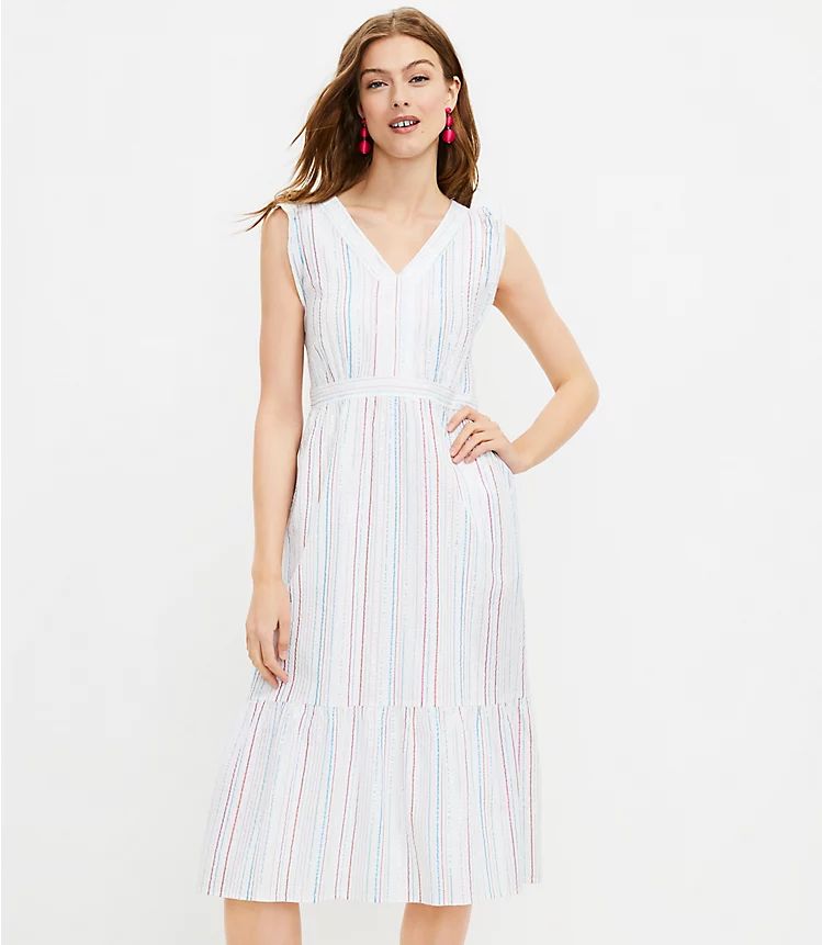 Petite Shimmer Stripe Ruffle Midi Pocket Dress | LOFT