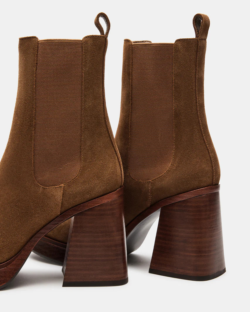 SABETHA Cognac Suede Block Heel Ankle Bootie | Women's Booties | Steve Madden (US)