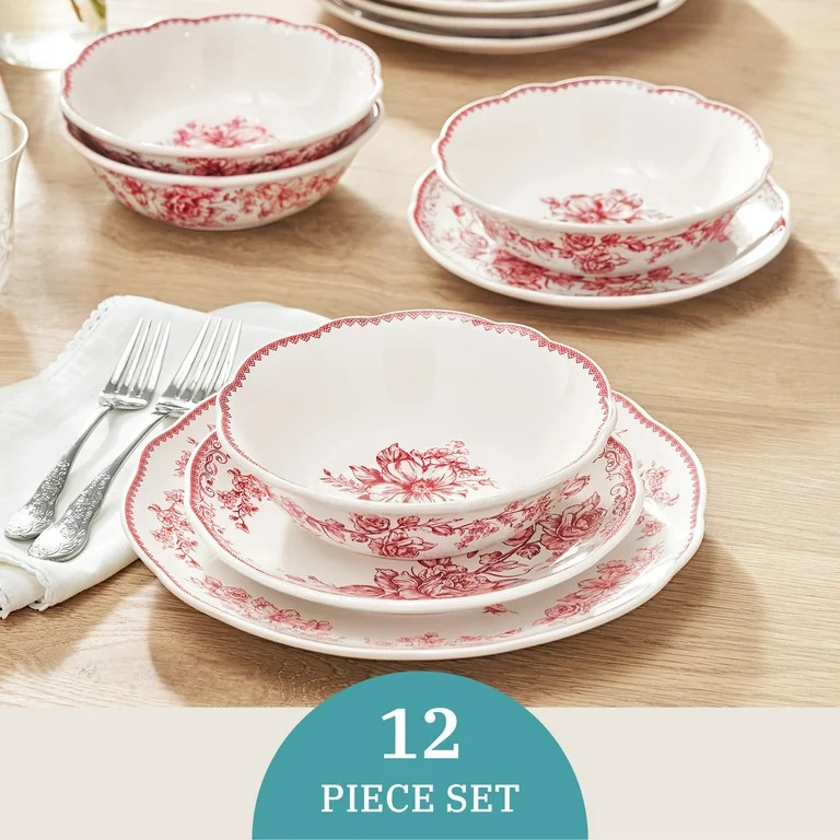 The Pioneer Woman Agatha 12-Piece Stoneware Dinnerware Set, Red | Walmart (US)