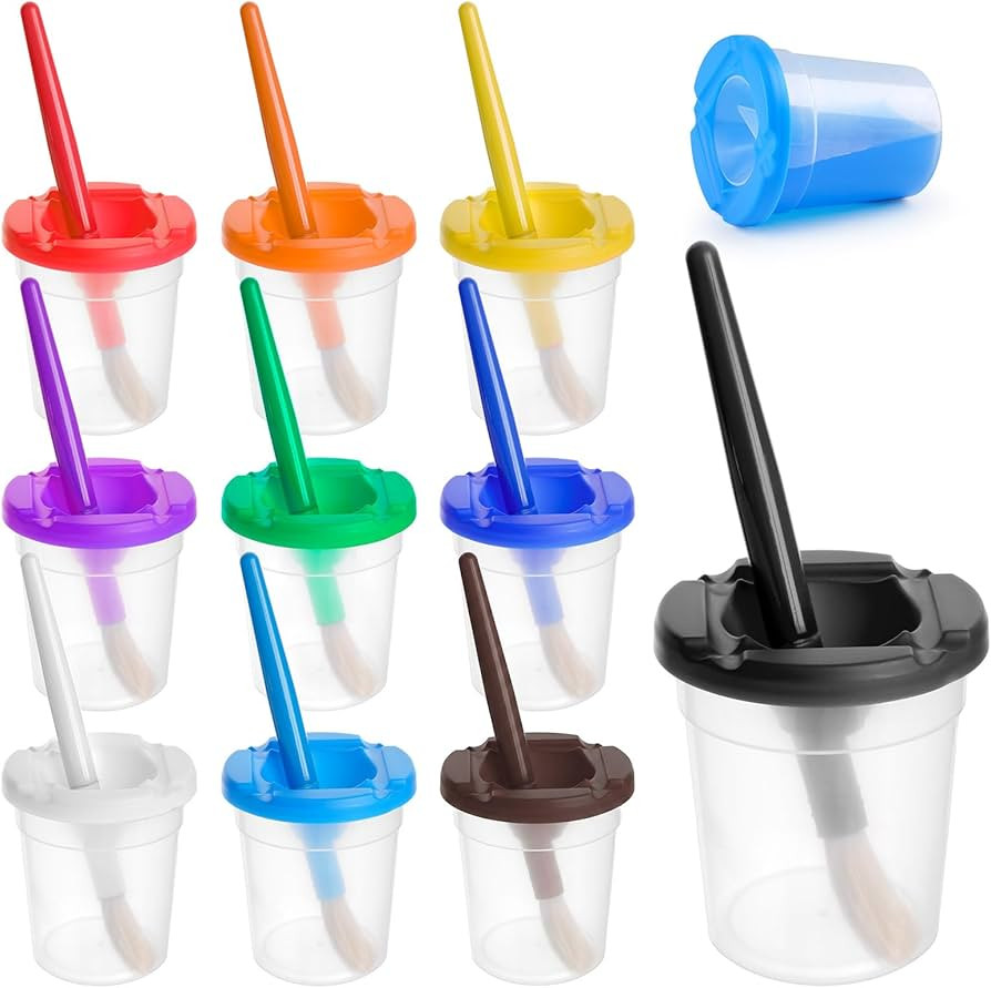 10 PCS No Spill Paint Cups with Colored Lids and Brushes for Kids, Not for Watercolor, Spill Proo... | Amazon (US)