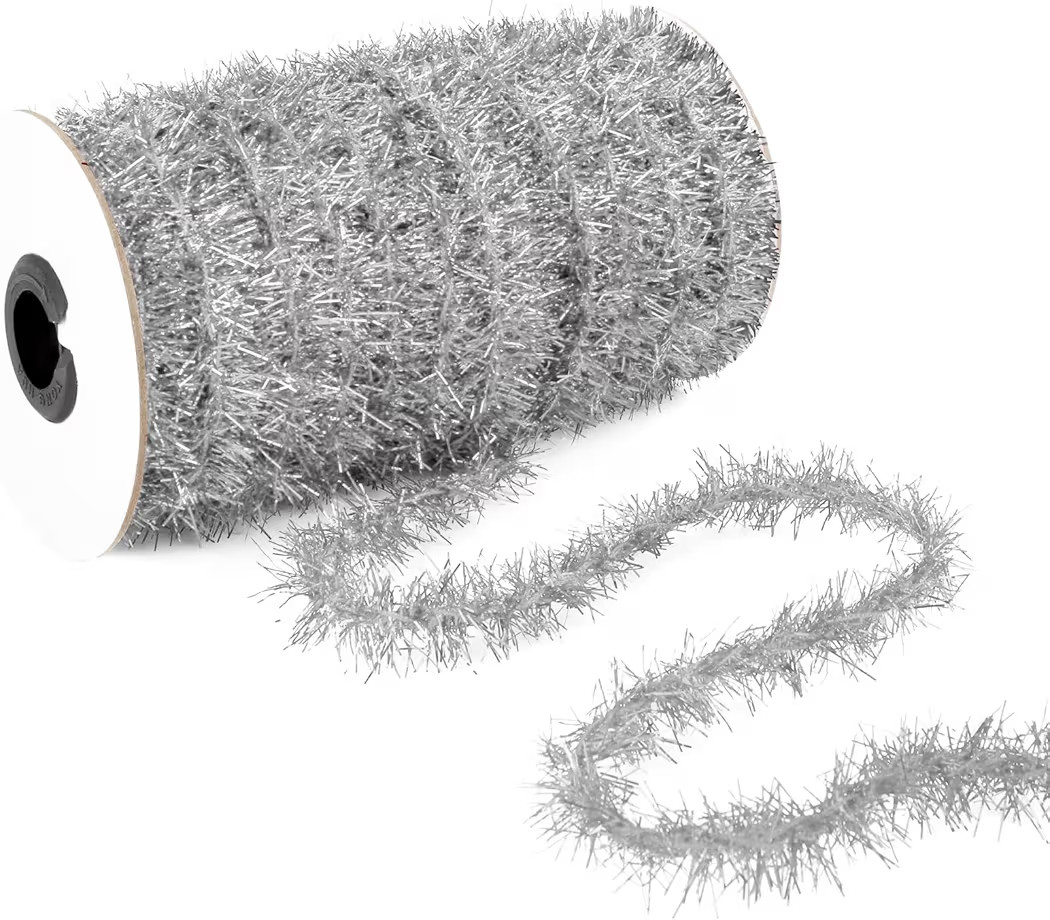 Silver Tinsel Christmas Tree Garland - 50 Yards Halloween Glitter Ribbon for Xmas, Birthday, Spar... | Amazon (US)