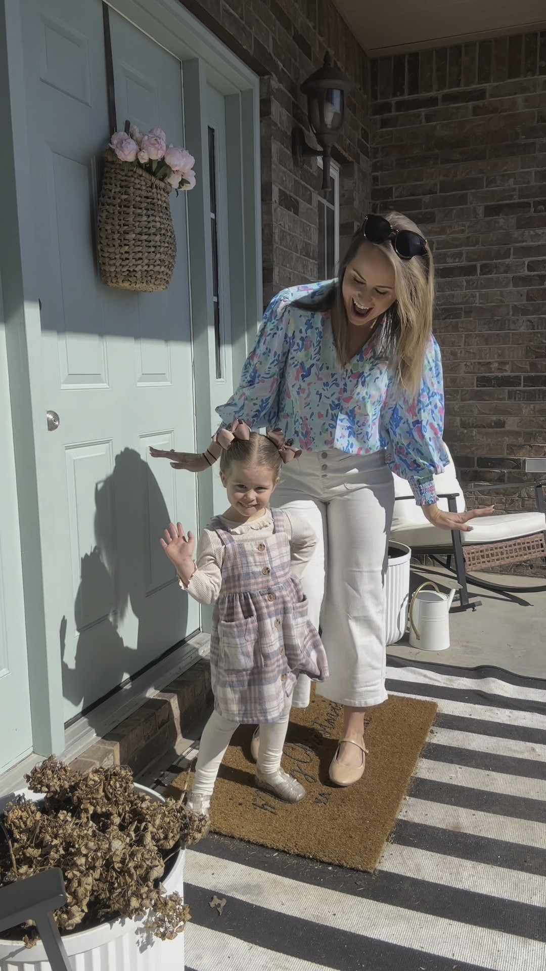 Spring outfits of the day! Loving this colorful blouse and white wide leg cropped jeans from Amazon! So stretchy and comfortable! Paired it with these nude ballet flats that I’ve been throwing on with everything!! 

Also linking the items I got for our front porch refresh: viral Walmart planters, Target rocking chairs, diy faux peonies & basket wreath and new front door rug I’m getting! 
Dottie’s outfit is from tj maxx & not available, so I’ll linking something similar. 

Mommy and me outfit, mom of 3 lifestyle vlog, headed out the door outfit inspo. 

#LTKWatchNow #LTKFamily #LTKSeasonal