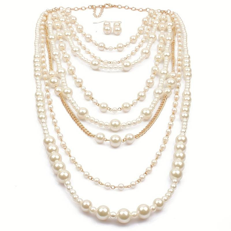 Stylish White Faux Pearl Earring & Necklace Jewelry Set Boho Style Multilayer Jewelry For Women | Temu Affiliate Program