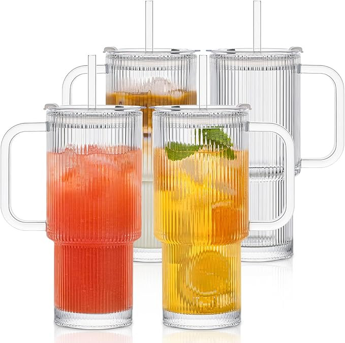 INSETLAN 26oz Ribbed Glass Tumbler with Handle & Lid – 4-Pack Large Iced Coffee Cups with Straw... | Amazon (US)