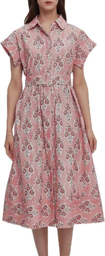 Women Summer Dresses 2026 Casual Wing Short Sleeve Button Down Midi Dress Floral Long Dress with ... | Amazon (US)