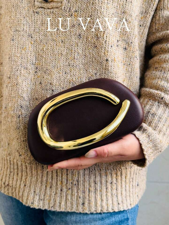 An Elegant And Exquisite Burgundy Brown PU Handbag, Gold Hardware Decoration, Novelty Bean Bag. S... | SHEIN