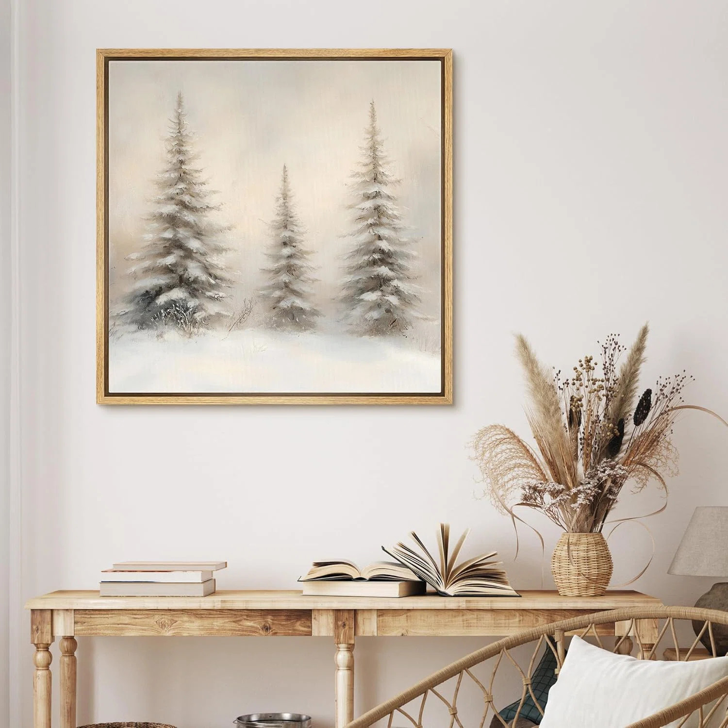 Christmas Vintage Winter Landscape Pine Tree Holiday Neutral Decor Framed Canvas Print Wall Art | Wayfair North America