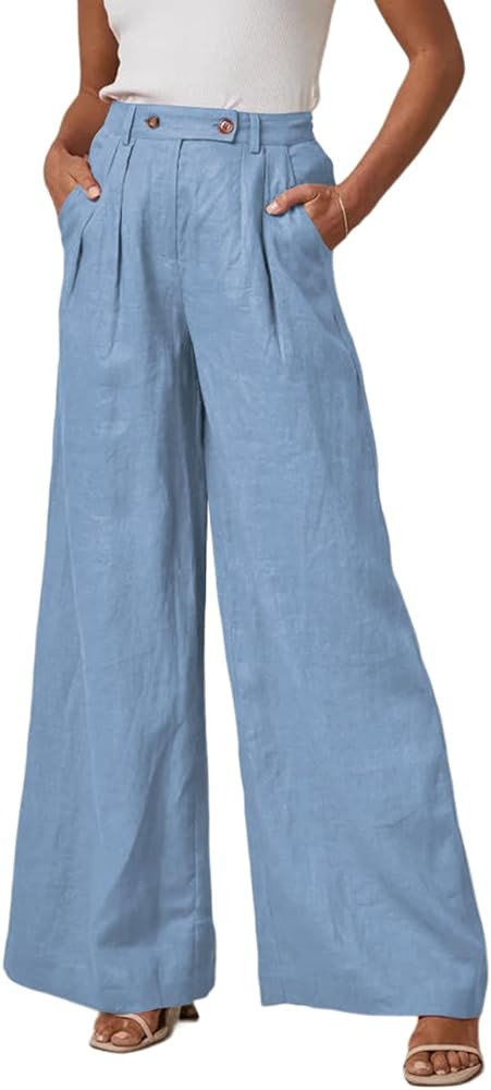 EVALESS Wide Leg Linen Pants Women Summer Casual Elastic High Waisted Palazzo Pants Baggy Flowy T... | Amazon (US)