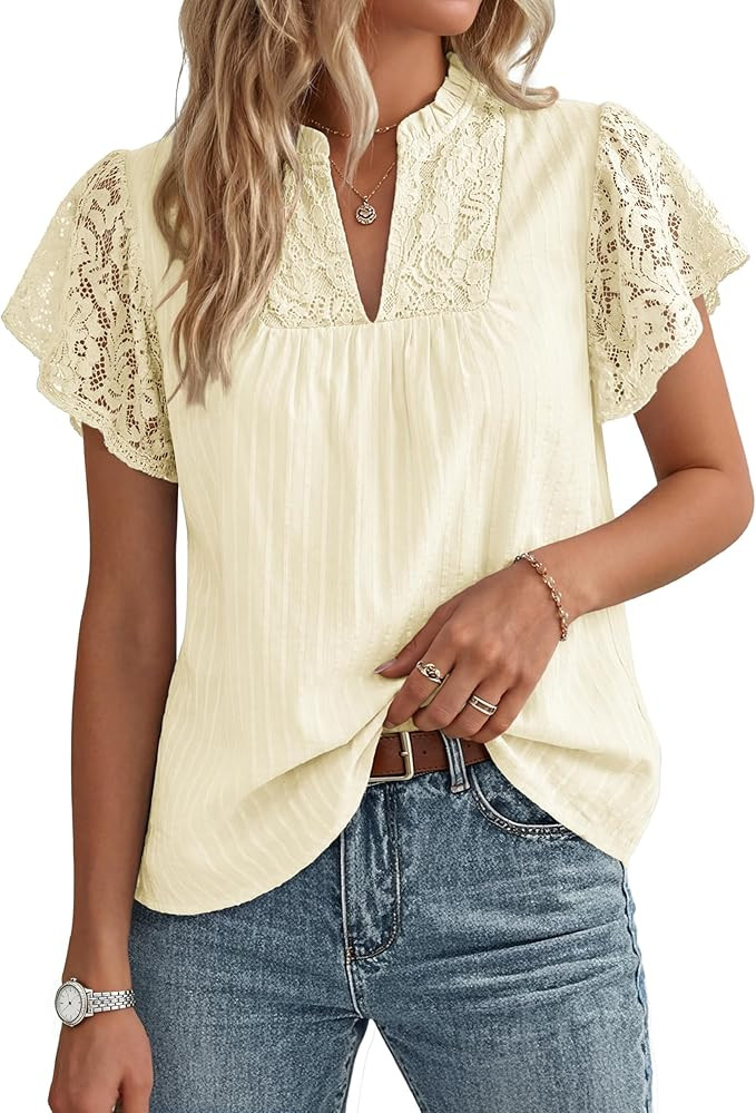 GRACE KARIN Womens Lace Short Sleeve Tops Summer Dressy Casual Cotton Blouses Flowy V Neck Dress ... | Amazon (US)