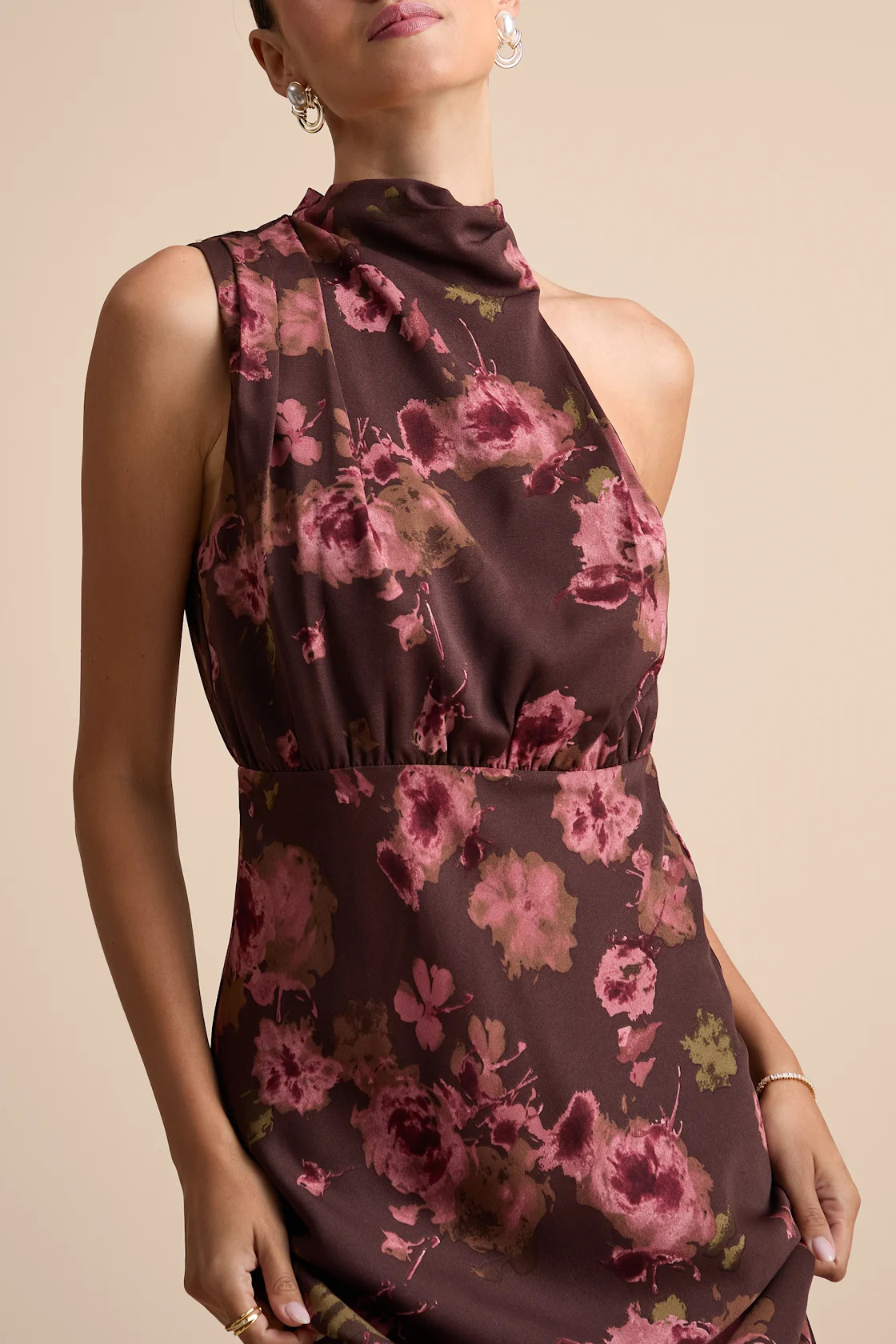 Distinctive Charm Brown Floral Satin Asymmetrical Maxi Dress | Lulus