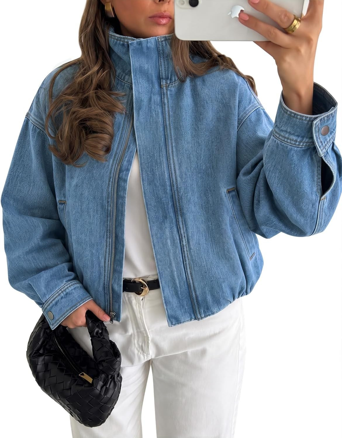 Women's Cropped Denim Bomber Jacket Casual Zip up Jean Coat | Amazon (US)