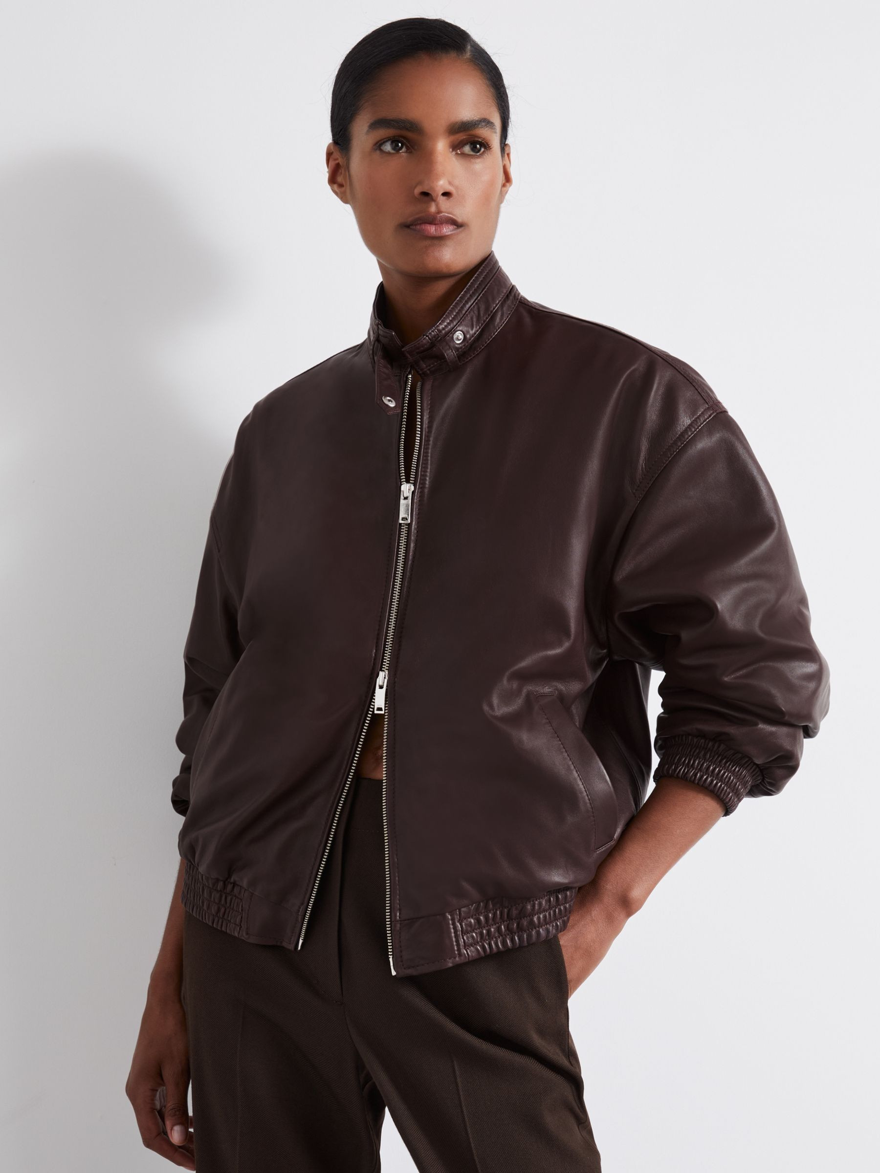 Reiss Atelier Leather Latched-Collar Bomber Jacket in Berry - REISS | Reiss UK
