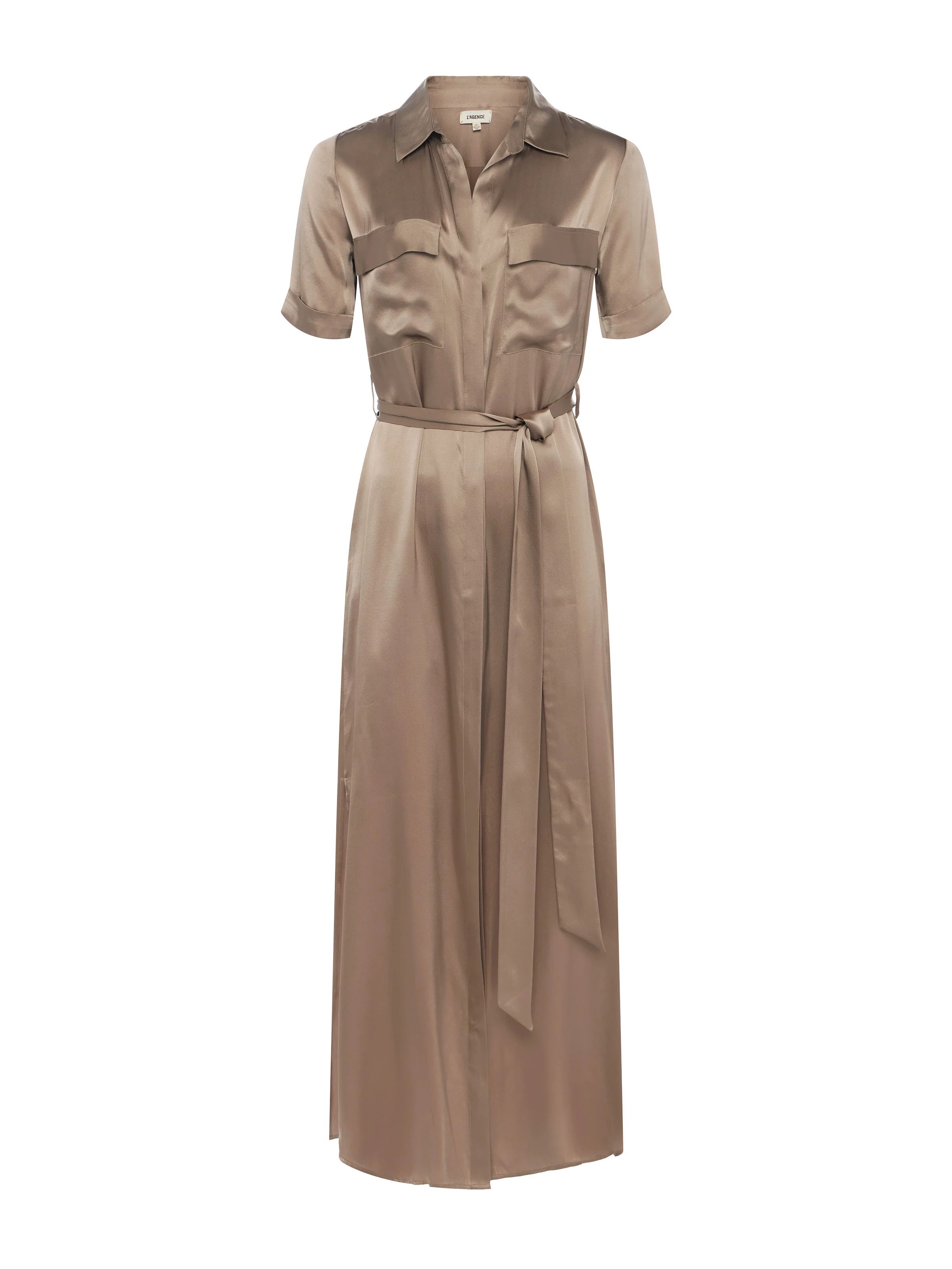 L'AGENCE - Klement Silk Maxi Shirt Dress in Dark Cappuccino | L'Agence