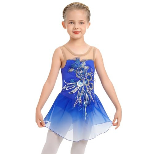Girl Ice Figure Skating Dress Ballett Dance Leotards Rhythmic Gymnastics Bodysuit Shiny Sequin Flower Sleeveless Gradient Chiffon Flowy Skirt Competition Custumes Performance Dancewear Royal Blue 5-6Y | Amazon (US)