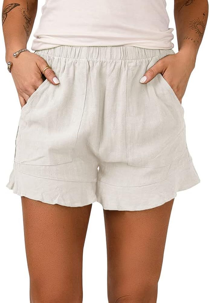 Dokotoo Womens Ruffle Hem Elastic Waist Solid Casual Shorts Pants with Pockets | Amazon (US)