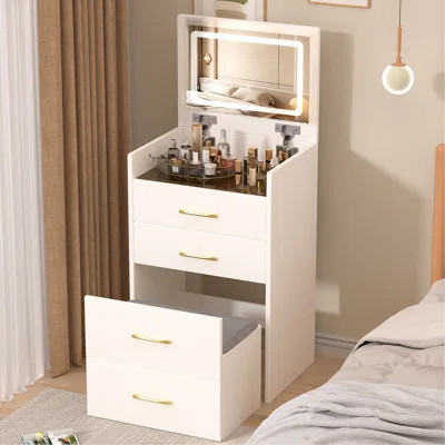 3 In 1 Vanity Desk With Open Top Mirror,Small Make Up Vanity Set With Visible Glass Desktop,Compact Makeup Vanity With 3 Drawers,Dressing Table For Be | Wayfair North America