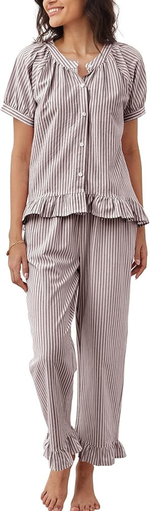 COZYPOIN Womens Striped Pajama Sets 2 Piece Cotton Button Down Short Sleeve Shirt Y2K Ruffle Pant... | Amazon (US)