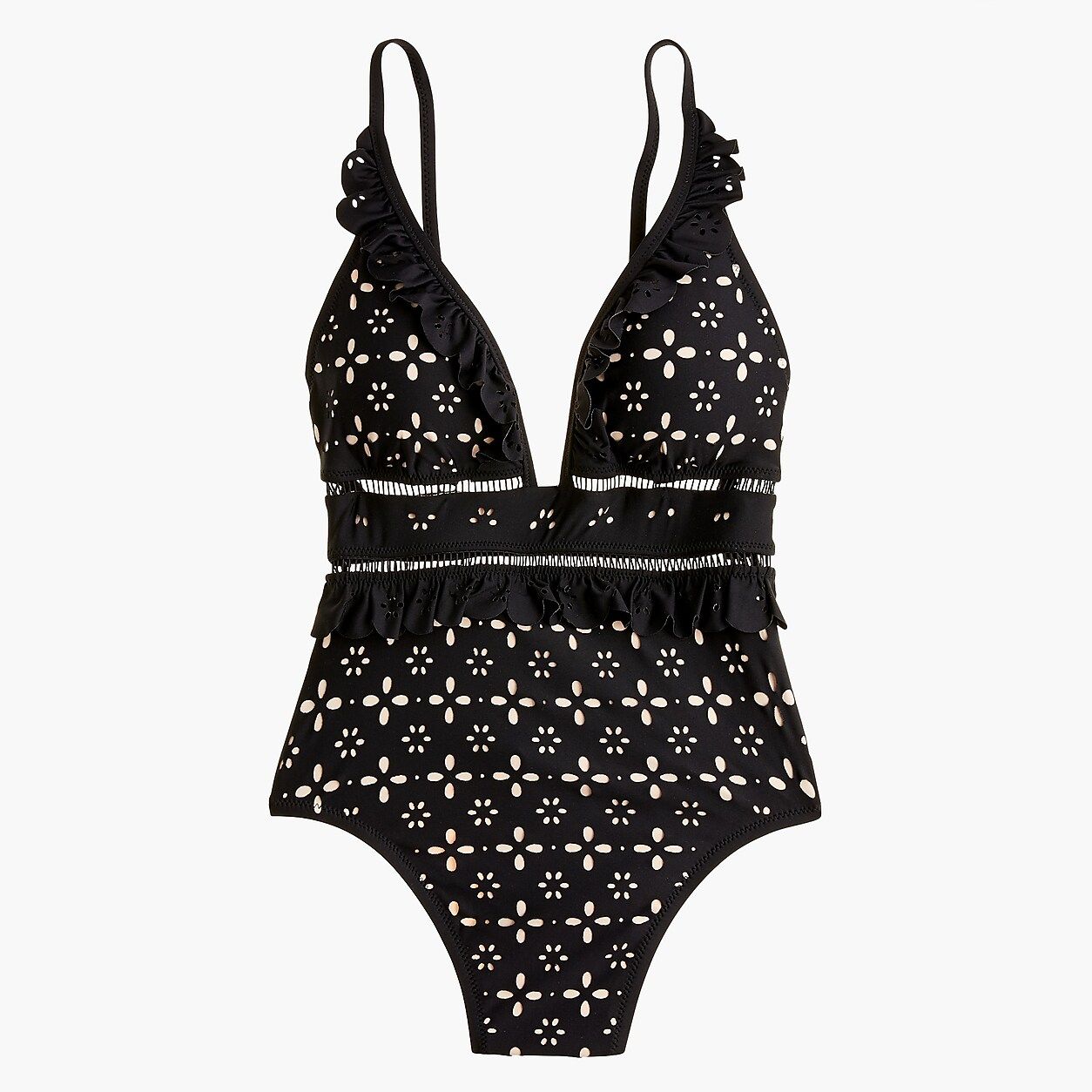 Scalloped ruffle plunging one-piece swimsuit in laser-cut eyelet | J.Crew US