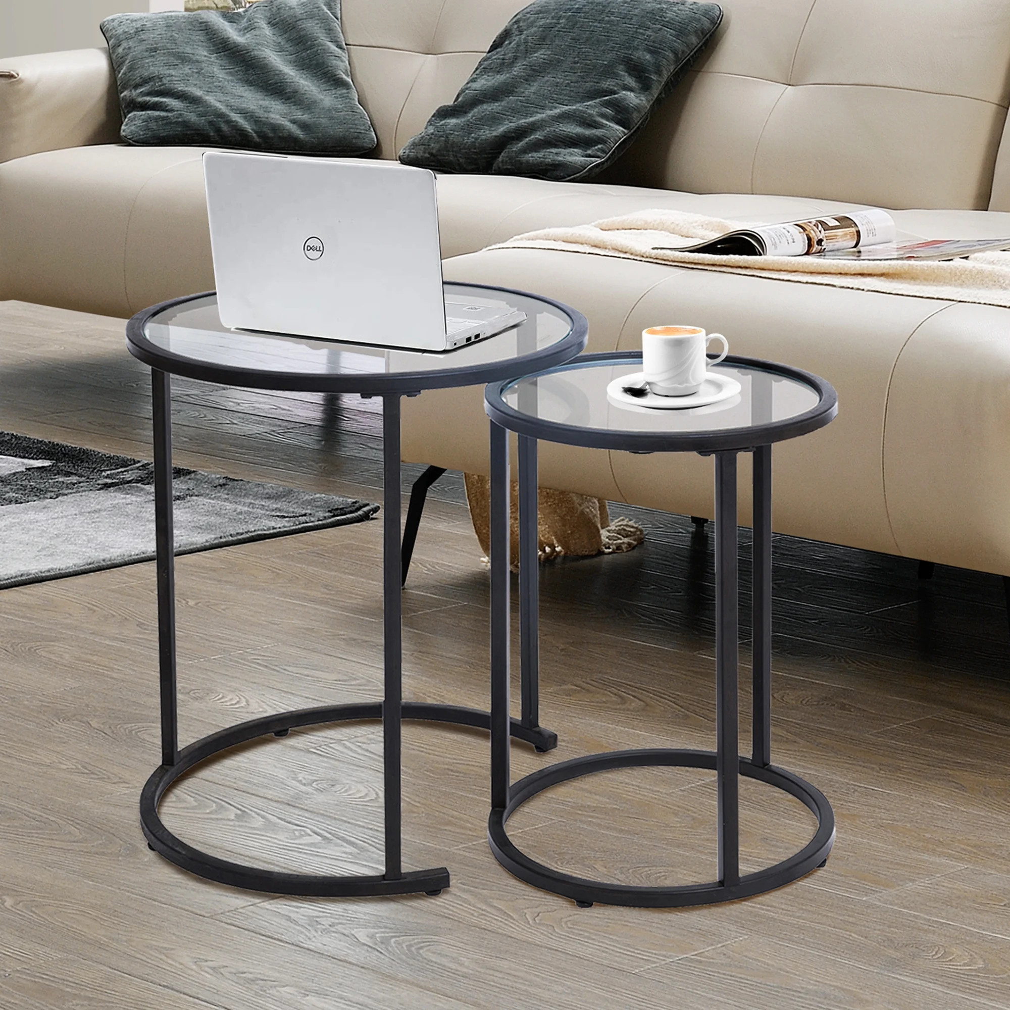 ABBSR Round Black Nest of Side End Tables Set of 2 with Clear Glass Tops,Nightstand for Living Ro... | Walmart (US)