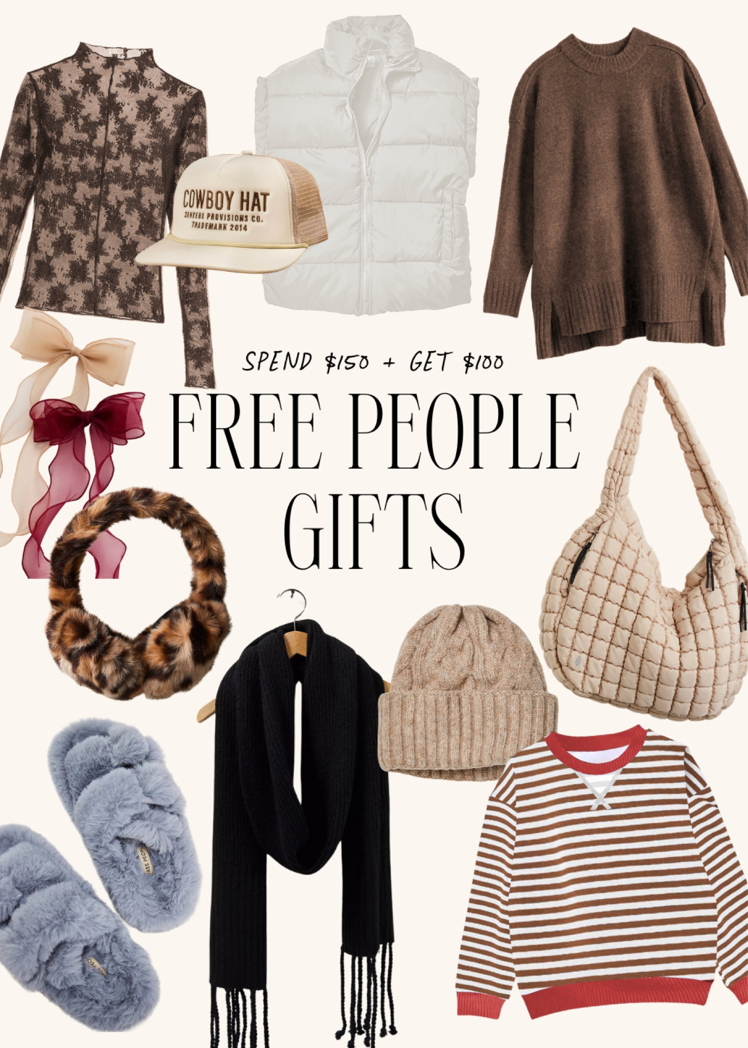 Free People sale! Spend $150 and get $100 to use towards a later purchase. Gift ideas for her! 

#LTKSeasonal #LTKHoliday #LTKGiftGuide