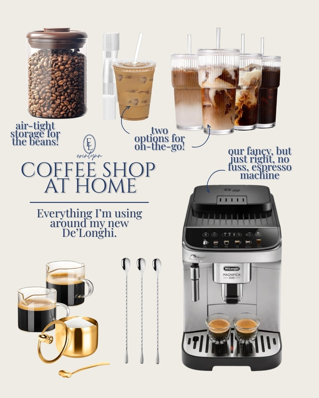 I wanted coffee-shop lattes at home without the tamping, loose grounds and counter mess. The De’Longhi does the hard part; these are the extras making the setup work for hot lattes and iced espresso.

De’Longhi Magnifica Evo, automatic espresso machine, home coffee bar, iced espresso glasses, coffee bean storage, espresso accessories, coffee-shop drinks at home