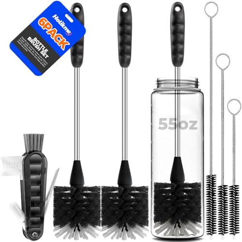 Holikme 6 Pack Bottle Brush Set, 14" Long Handle Stainless Steel Bottle Cleaner Brush, 3 Straw Brushes, 3-in-1 Bottle Cleaning Brush for Water Bottle, Antistatic Lab Brushes, Straws Black | Amazon (US)