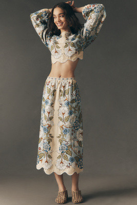 Farm Rio Garden Scalloped Linen Midi Skirt | Anthropologie (US)