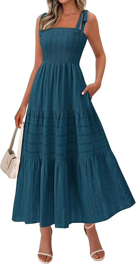 BTFBM Women's 2026 Spring Boho Spaghetti Strap Dress Casual Sleeveless Smocked A Line Beach Sundr... | Amazon (US)