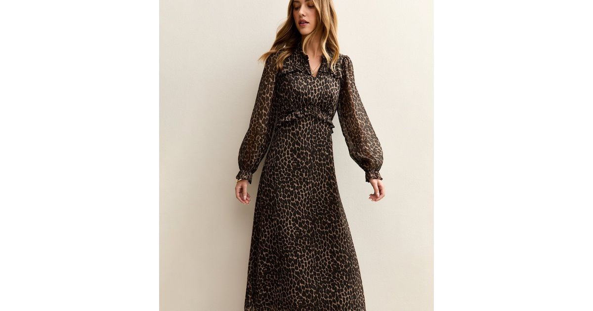 Brown Chiffon Animal Print Ruffled Midi Dress | New Look | New Look (UK)