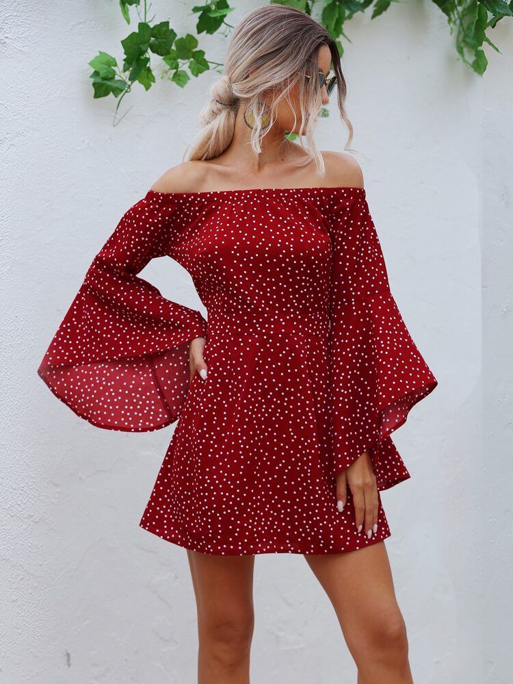Polka Dot Flounce Sleeve Bardot Dress | SHEIN