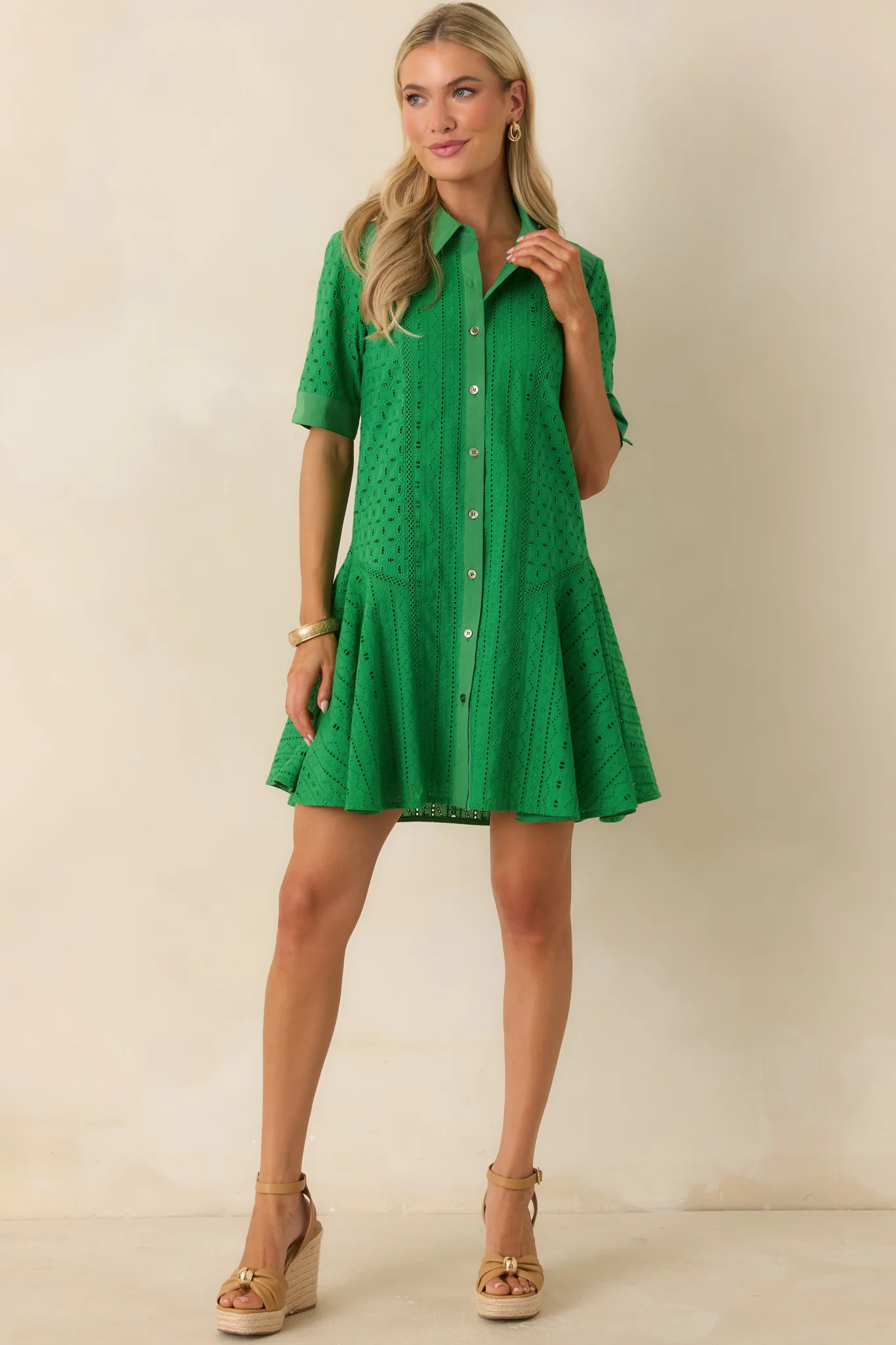 What A Treat Green Cotton Eyelet Mini Dress - S / Green | Red Dress