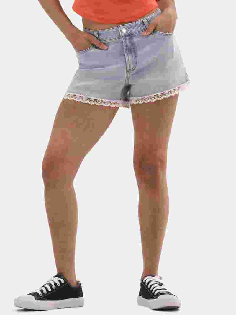 No Boundaries Denim Shorts with Crochet Lace Trim, 3'' Inseam, Women's and Women's Plus | Walmart (US)