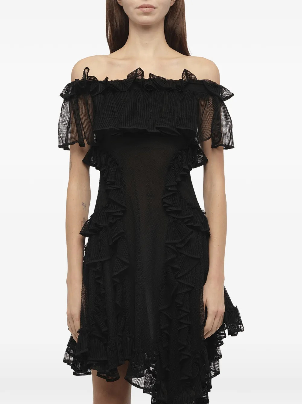 Alexander McQueen frilled off shoulder asymmetric dress - Black | Farfetch Global